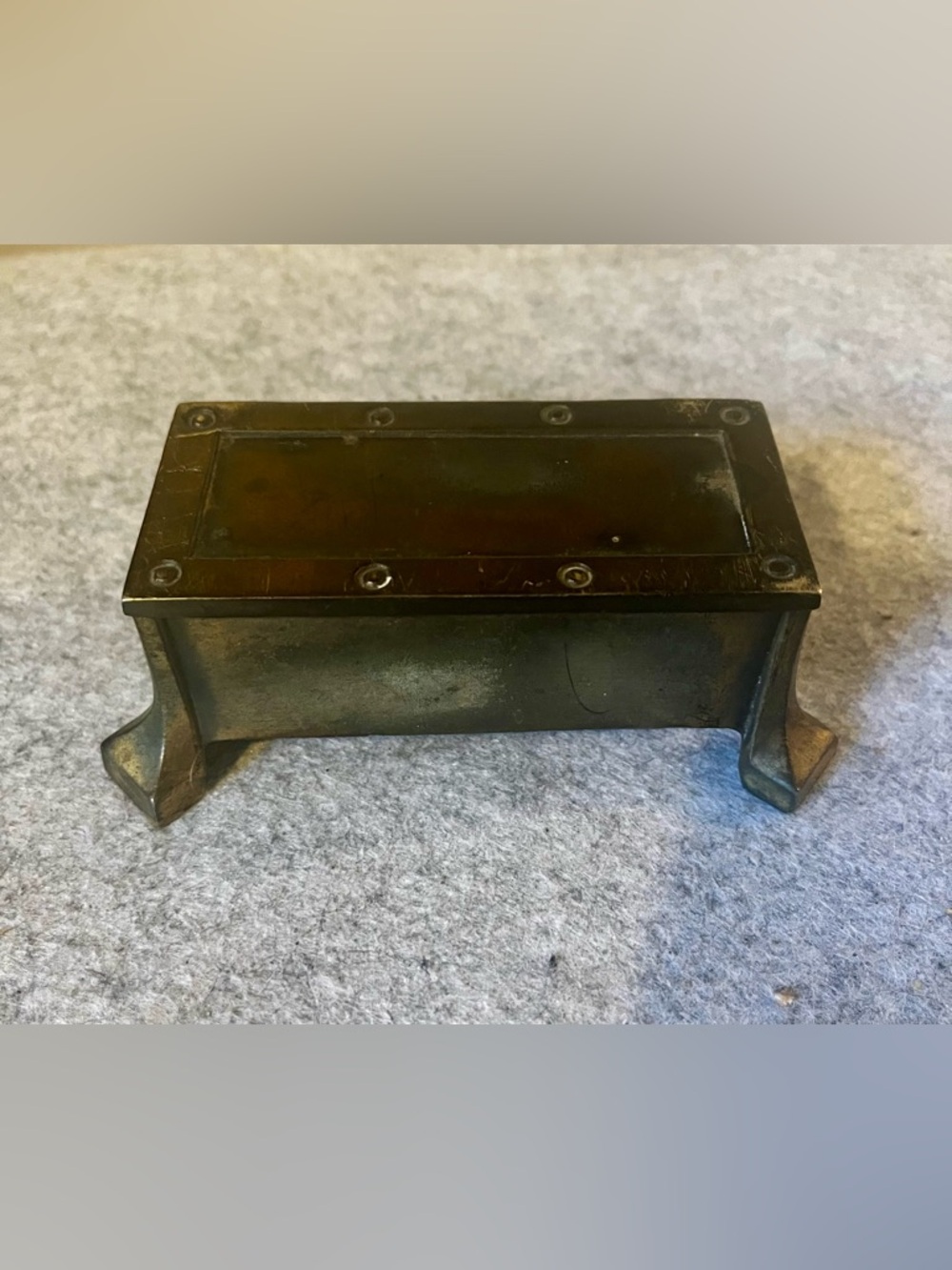 Antique Brass Metal Riveted Footed Stamp Ink Box